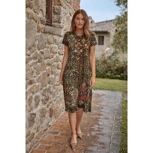 Johnny Was Malaya Short Ruffle Leopard Dress Cotton Floral Embroidery Brown NEW